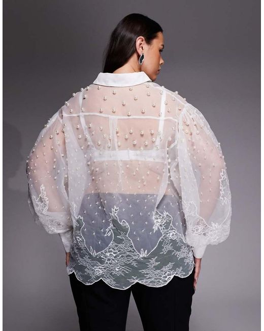 ASOS White Curve Organza And Lace Mix Pearl Embellished Shirt