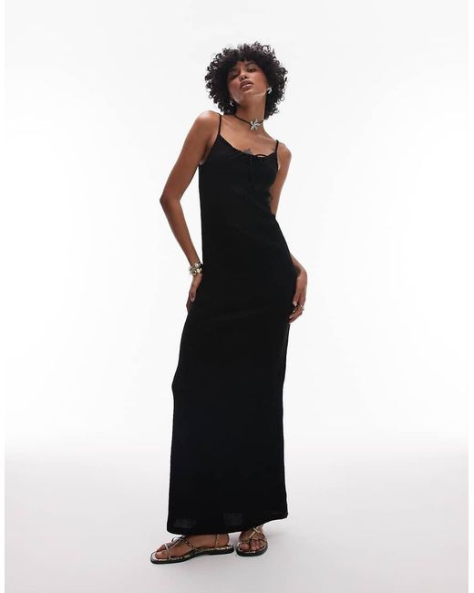 Vestito Lungo Con Spalline Sottili Stropicciato Con Laccio Sul Davanti di TOPSHOP in Black