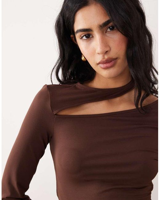 ASOS Brown Cotton Touch Long Sleeve Top With Cut Out Detail