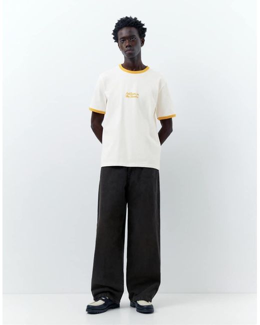Pull&Bear White Textured Slogan T-Shirt for men