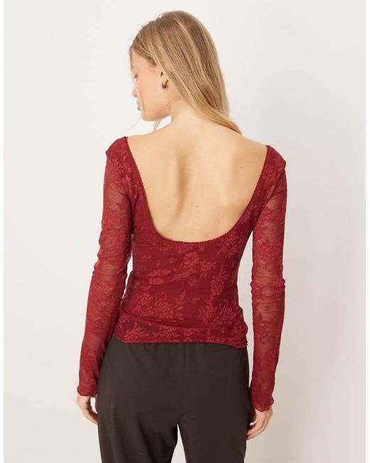 Gina Tricot Red Long Sleeve Tie Front Flower Jacquard Top