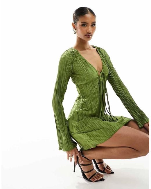 In The Style Green Tie Front Plisse Mini Dress