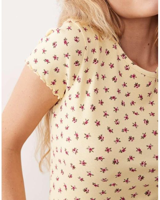 Miss Selfridge Blue Ditsy Print Short Sleeve Ribbed Lettuce Edge T-Shirt