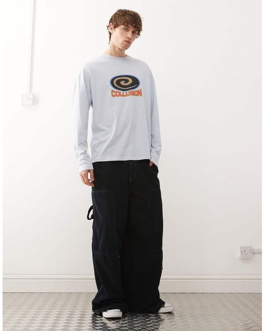 Camiseta Jaspeado De Manga Larga Con Estampado De Collusion de hombre de color White