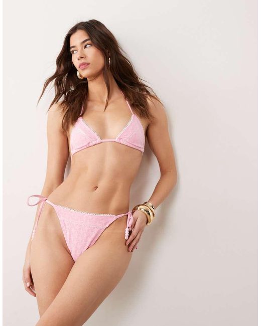 Miss Selfridge Pink Pointelle Lace Trim Tie Side Bikini Bottom