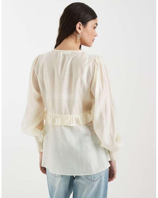 4th & Reckless Natural Semi Sheer Chiffon Tie Split Front Frill Detail Blouse