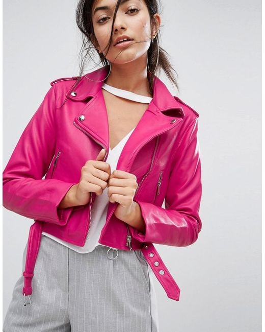 Bershka Pink Leather Look Biker Jacket