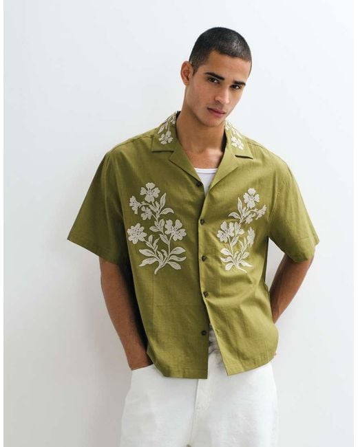 ASOS Green Oversized Shirt With Floral Embroidery for men