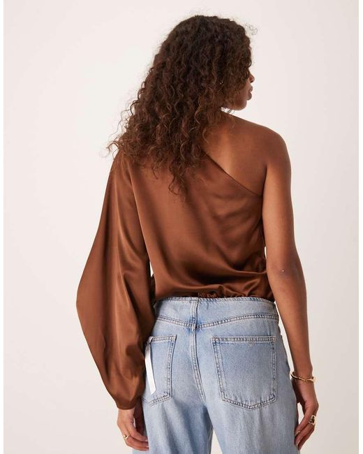 ASOS Brown One Shoulder Satin Wrap Bodysuit