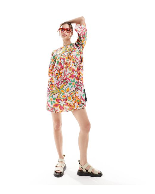 Native Youth Red Flower Cut-out Back Mini Smock Dress