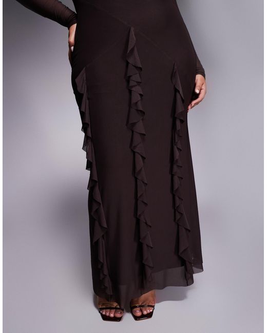 ASOS Purple Asos Design Curve Mesh Long Sleeve Maxi Dress With Waterfall Ruffle Skirt Detail