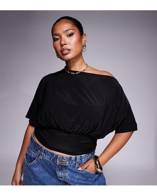 ASOS Black Asos Design Curve Asymmetric One Shoulder Short Sleeve Top With Cinch Waist Detail