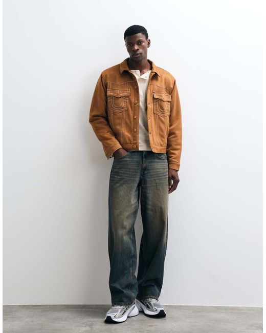 True Religion Brown Ultrasuede Oversized Fit Jimmy Trucker Jacket for men