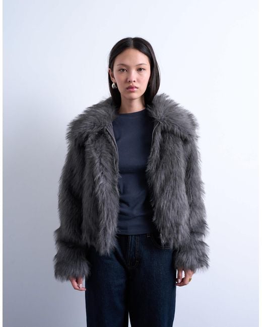 TOPSHOP Blue – bomberjacke aus kunstpelz