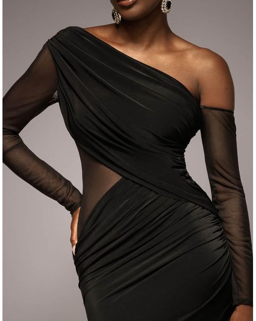 Goddiva Gray Gathered Cowl Asymmetric Mesh And Soft Touch Maxi Dress