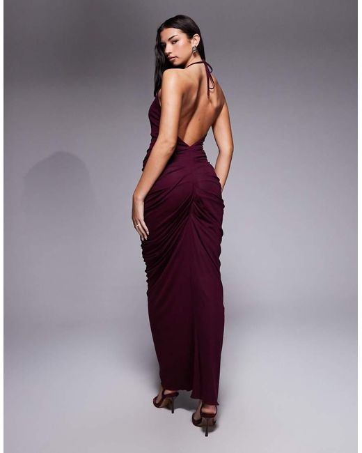 I.AM.GIA Purple Sashi Deep Plunge Neck Low Back Ruched Detail Maxi Dress
