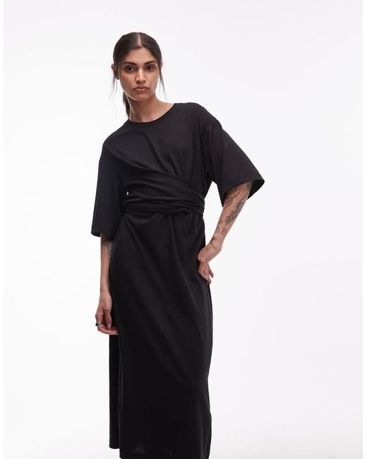ARKET Black Cotton Blend Half Sleeve Wrap Waist Midaxi Dress