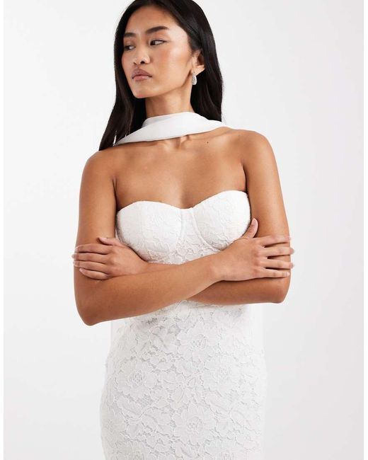 Six Stories White Bridal Lace Bandeau Scarf Neck Maxi Dress