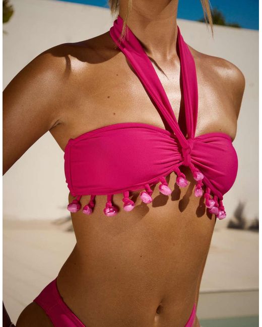 South Beach Pink X Sasha Corte-t Knot Front Bikini Top With Beaded Detail