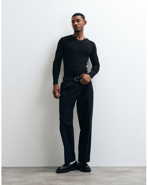 ASOS Blue Muscle Fit Long Sleeve T-shirt With Notch Neck for men