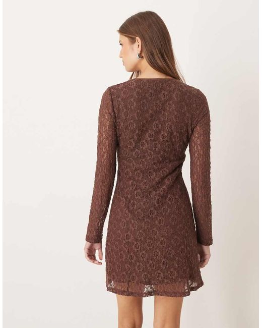 ASOS Brown Lace Long Sleeve Plunge Tie Front Mini Dress