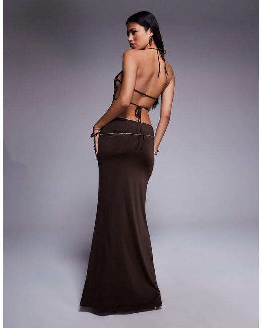 Tiger Mist Brown Suriya Cowl Halterneck Open Tie Back Chain Detail Maxi Dress