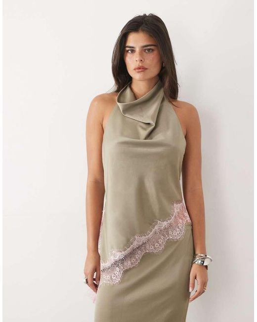 Missy Empire Brown Satin Cowl Neck Lace Trim Asymmetric Hem Top Co-Ord