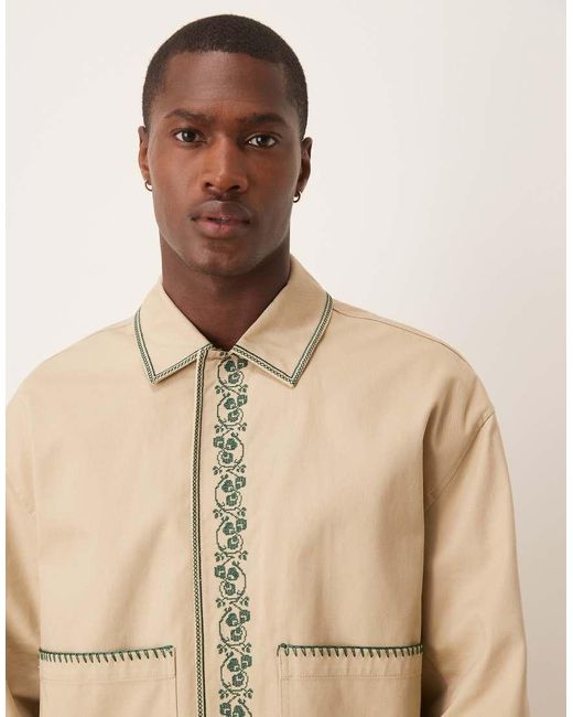 ASOS Natural Embroidered Harrington Jacket for men