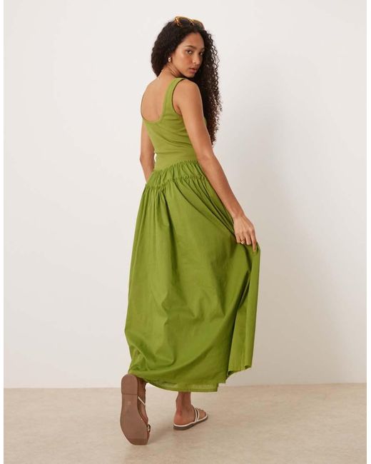ASOS Maxi Jurk Met Lage Ronde Hals, Knopen, Geribbeld Lijfje En Poplin Rok in het Green
