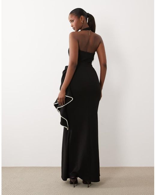 ASOS Black Premium Crepe Halter Maxi Dress With Pearl Embellished Oversized Bow