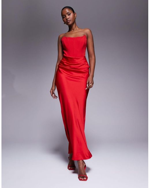 Forever New Red Structu Corset Satin Drape Detail Maxi Dress
