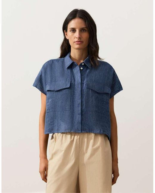 Oysho Blue 100% Linen Striped Shirt With Pockets