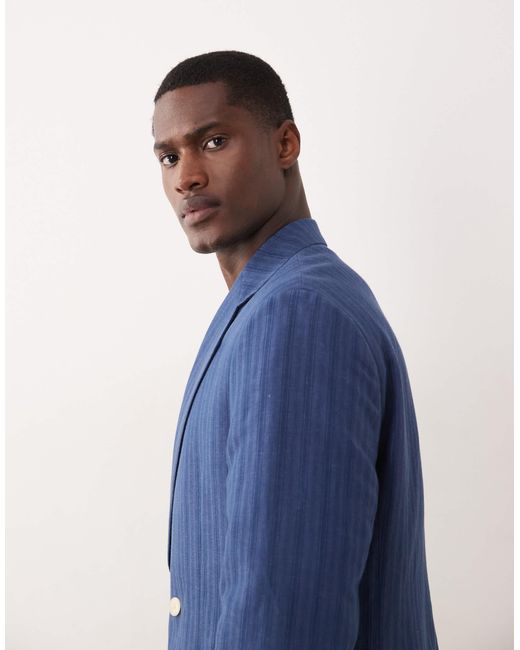 ASOS Blue Linen Blend Regular Double Breasted Suit Jacket for men
