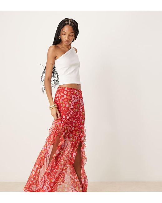 ASOS Red Asos Design Tall Chiffon Ruffle Maxi Skirt