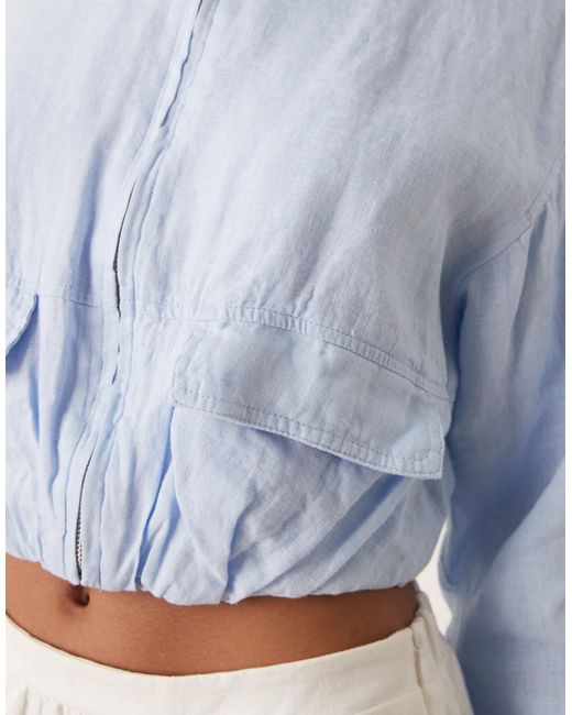 Mango White Linen Cropped Utility Jacket