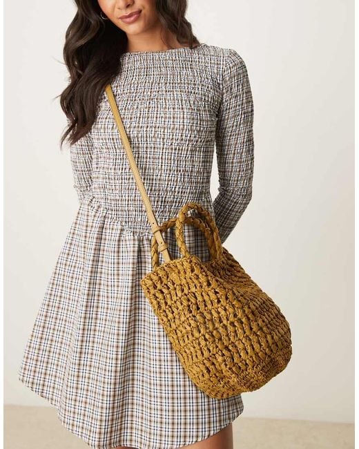 Mango Gray Raffia Bucket Bag With Linning