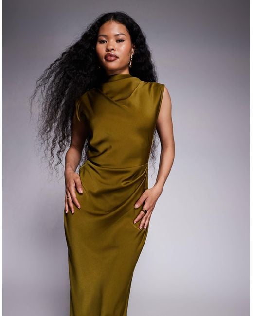 ASOS Green Asos Design Petite Satin High Neck Pleated Bodice Midi Dress