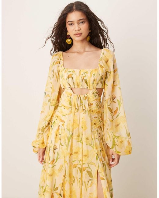 ASOS Yellow Long Sleeve Cut Out Maxi Dress With Ruched Skirt