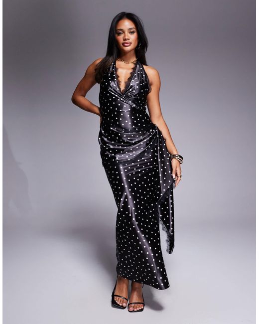 ASOS Blue Printed Satin Draped Maxi Dress With Lace Detail