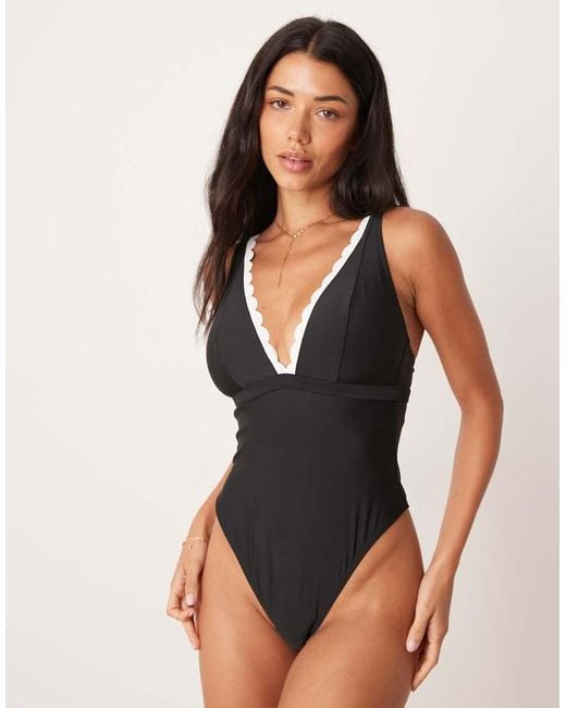 Peek & Beau Black Plunge Swimsuit With Scallop Trim