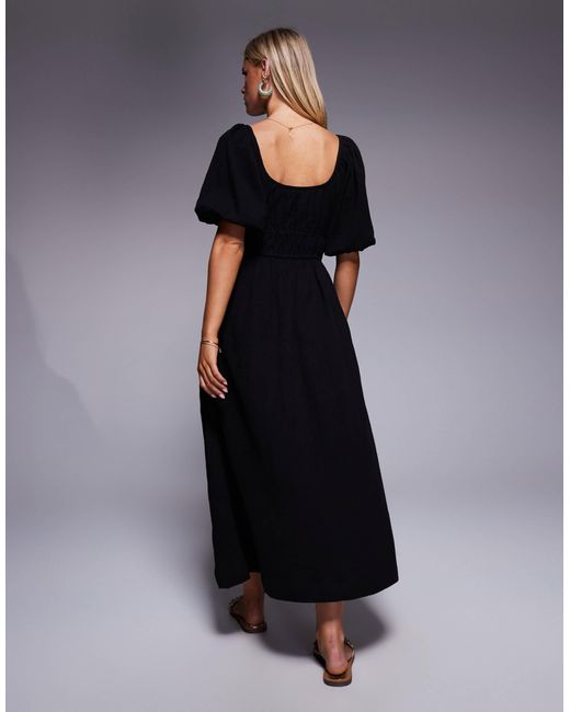 Robe mi-longue en aspect lin avec manches bouffantes River Island en coloris Black
