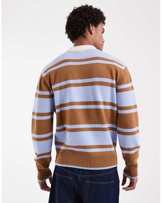 Pompeii UK Blue Pompeii Striped Knitted Zip Up Rugby Polo Shirt for men