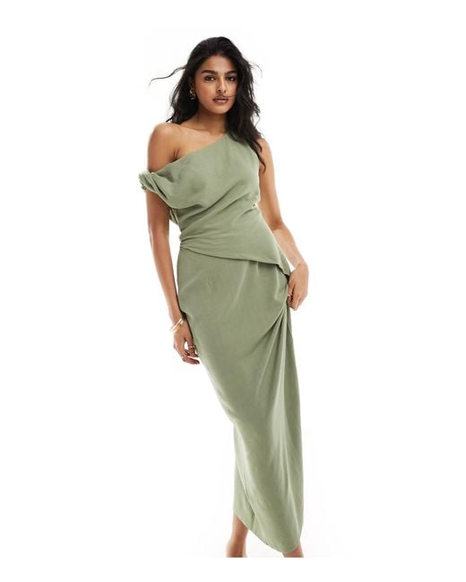 ASOS Green Fallen Shoulder Linen Look Midi Dress With Pleat Waist