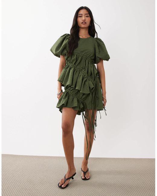 Ghospell Green Drawstring Detailing Floaty Mini Skirt