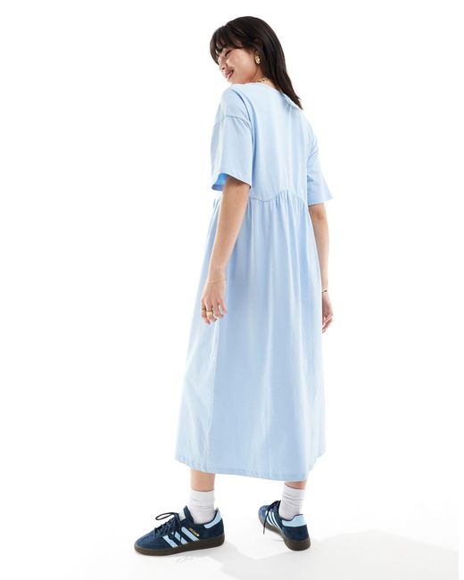 ASOS Blue Short Sleeve Seam Detail Midi Smock Dress