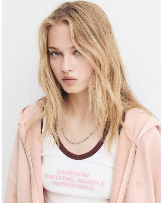 Felpa Con Cappuccio, Logo E Chiusura Con Zip di Pull&Bear in Natural