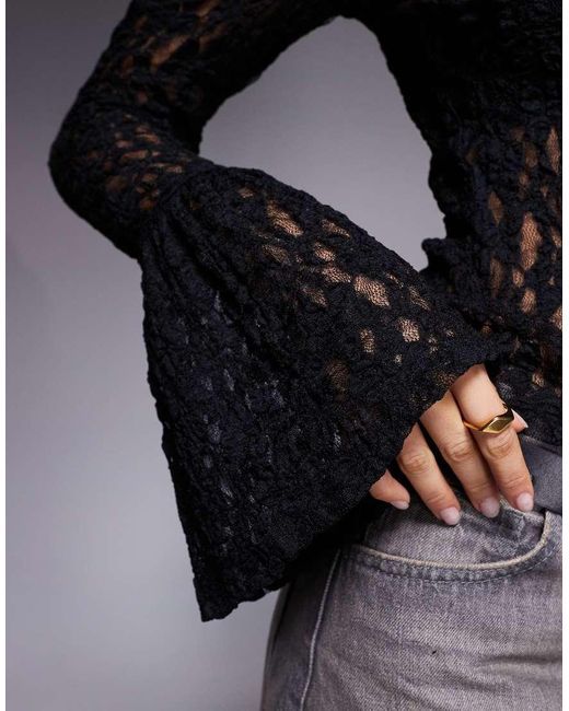 ASOS Gray Sheer Lace Fluted Cuff Top