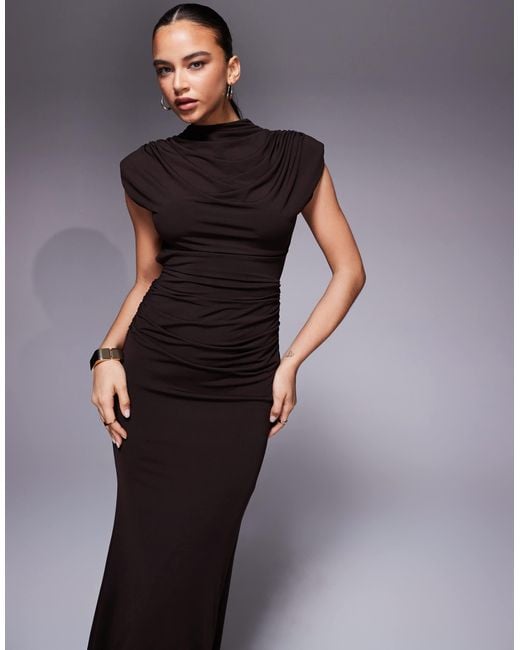 TFNC London High Neck Cowl Maxi Dress With Open Back in Brown | Lyst