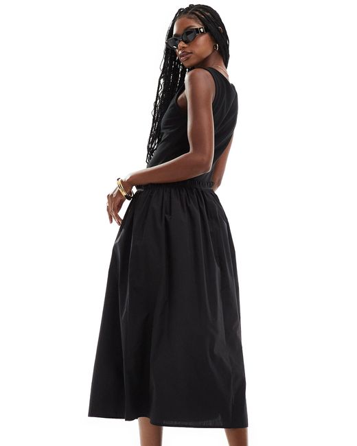 ASOS Black Ribbed Tank Maxi Dress With Poplin Skirt And Asymeticatic Waist Seam