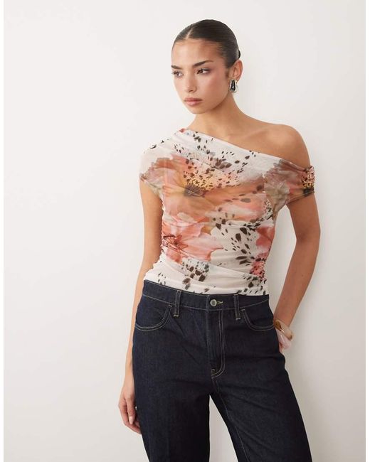 ASOS Multicolor Sheer Mesh Ruched Off Shoulder Asymmetric Top